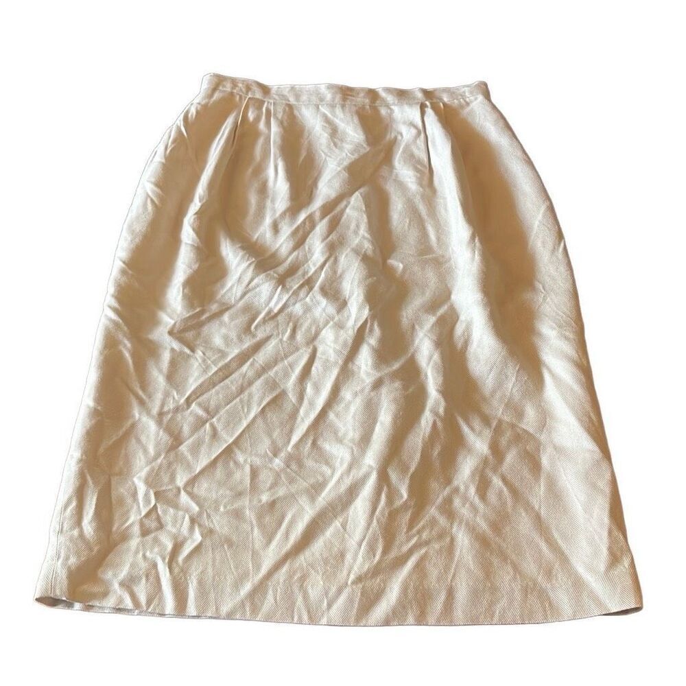 Glenbrooke Vtg 14 Cream‎ Herringbone Pleated Midi Pencil Skirt Lined Secretary